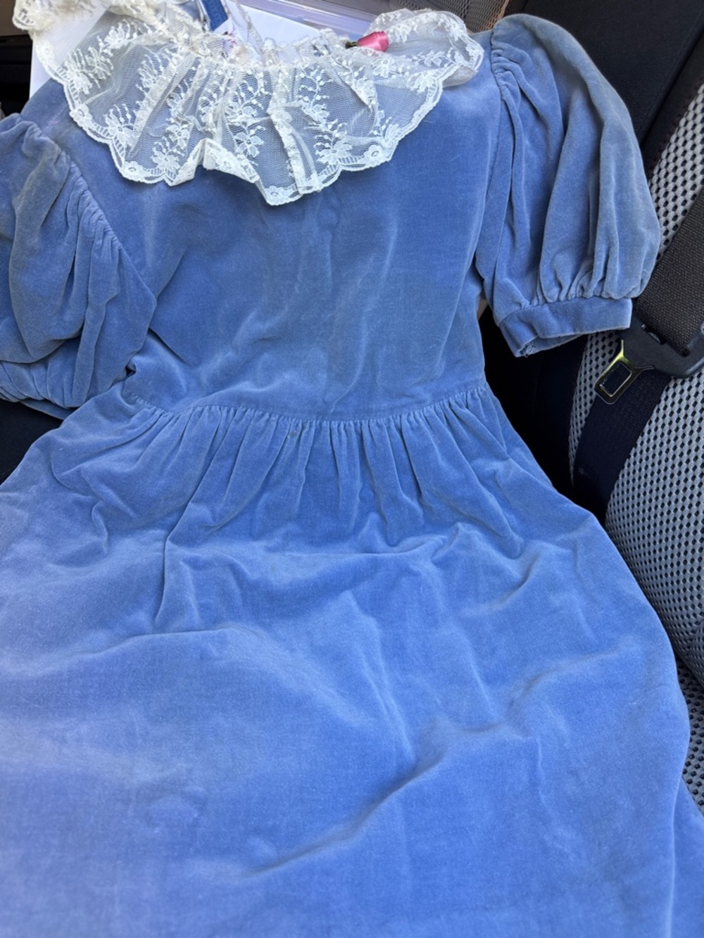 Neiman Marcus Blue Velvet Dress with Lace Ruffle Collar